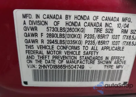 2005 Acura Mdx from USA, damaged, VIN 2HNYD18865H504749